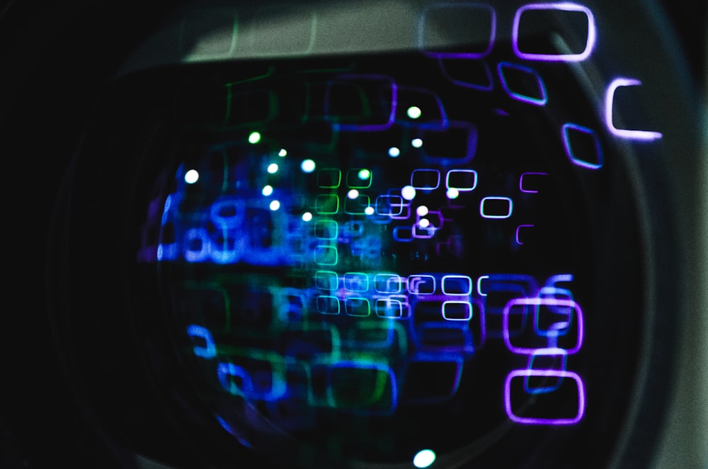 Close-up of a camera lens with illuminated detection overlays